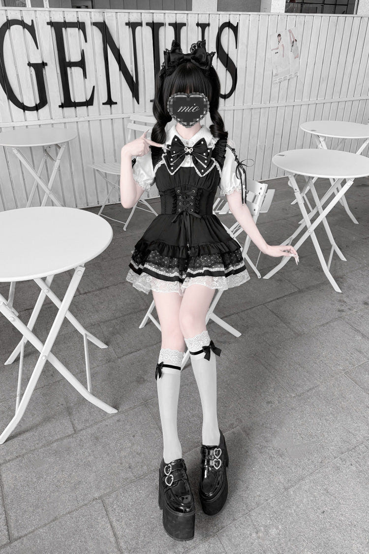 [Heart Key Treasure Box] Lapel Collar Short Sleeves Printed Ruffled Bow Lace-Up Japanese Jirai Kei Dress Shorts Set 3 Colors - Product - 13