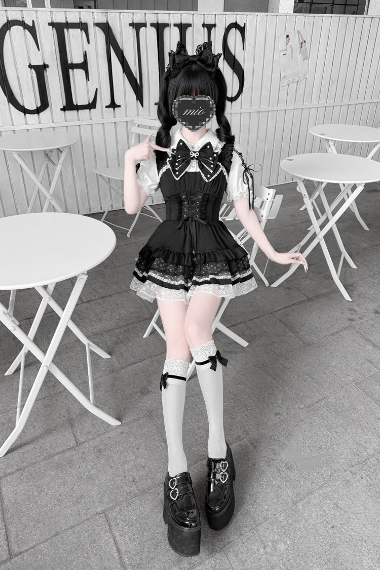 [Heart Key Treasure Box] Lapel Collar Short Sleeves Printed Ruffled Bow Lace-Up Japanese Jirai Kei Dress Shorts Set 3 Colors - Product - 13
