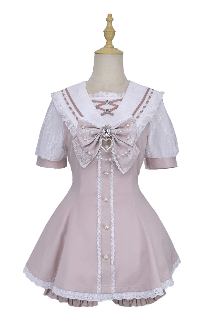 Sweet Short Sleeves Print Bowknot Jirai Kei Japanese Dress Set 3 Colors - Pink - 4