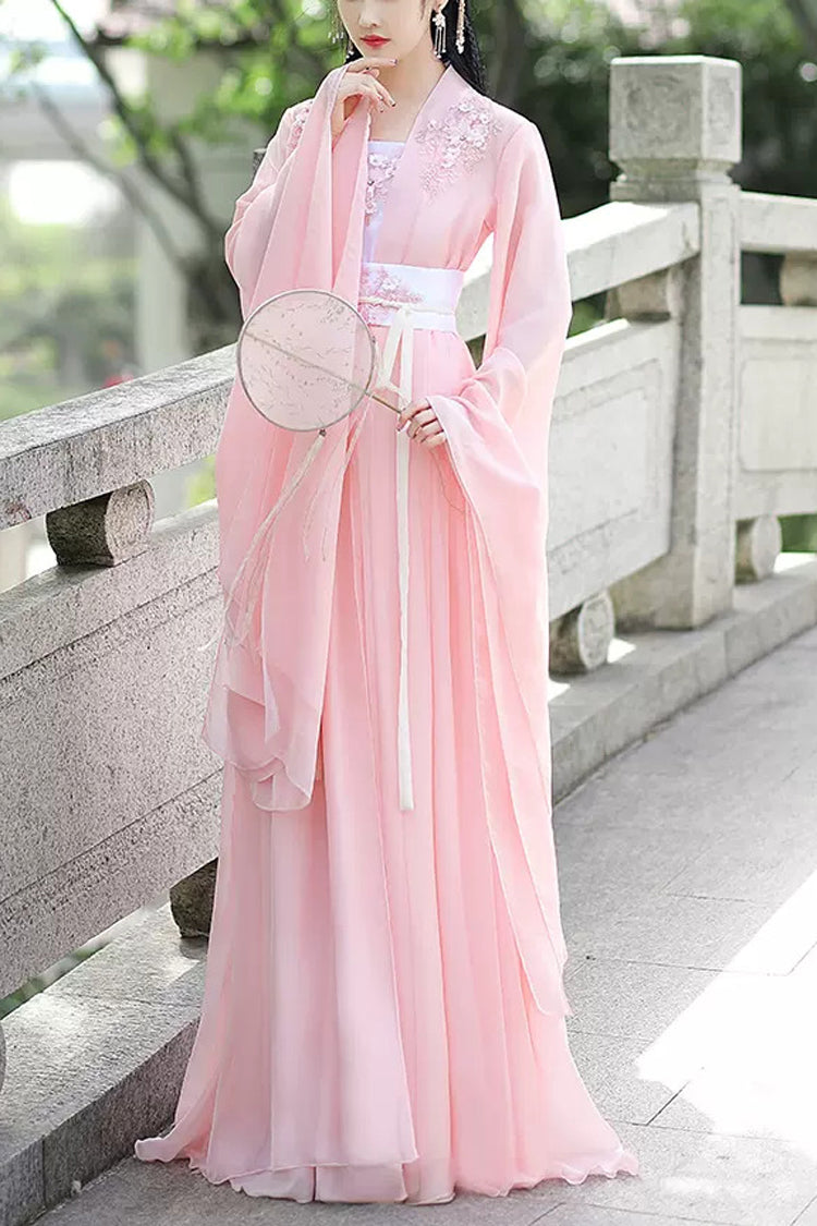 Pink Lace Embroidery Women's Sweet Hanfu Dress Full Set - Pink - 1