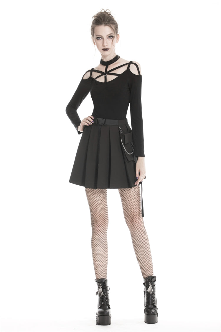 Black Zippered Pleated Women's Punk Casual Mini Skirt with Side Bag - Product - 9