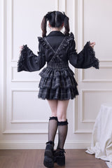 Black Triple-Layered Plaid Print Ruffle Gothic Jirai Kei Japanese Strap Dress - Product - 3