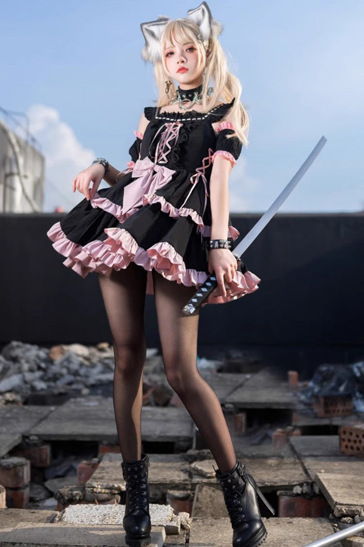 Black/Pink Sleeveless Multi-layer Ruffle Bowknot Sweet Hunt Lolita Jsk Dress - Product - 3