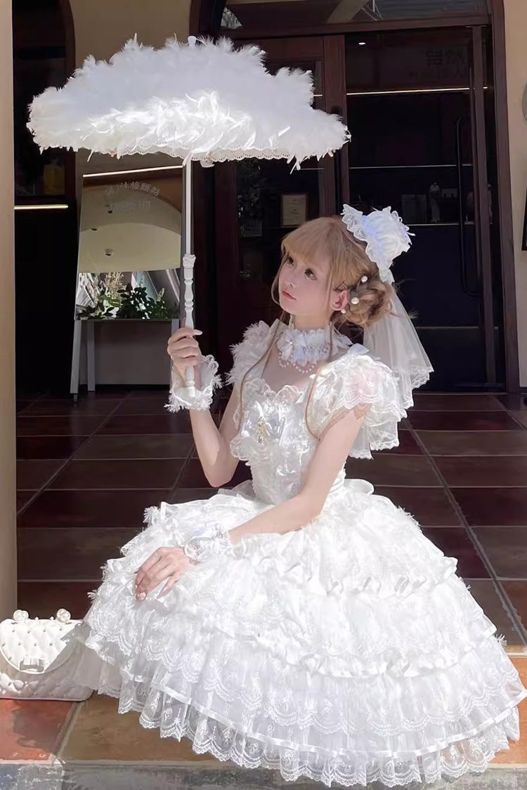 White [Ballad of Feathers] Sleeveless Multi-Layered Ruffle Hanayome Bowknot Sweet Lolita Jsk Dress - Product - 5