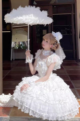 White [Ballad of Feathers] Sleeveless Multi-Layered Ruffle Hanayome Bowknot Sweet Lolita Jsk Dress - Product - 5