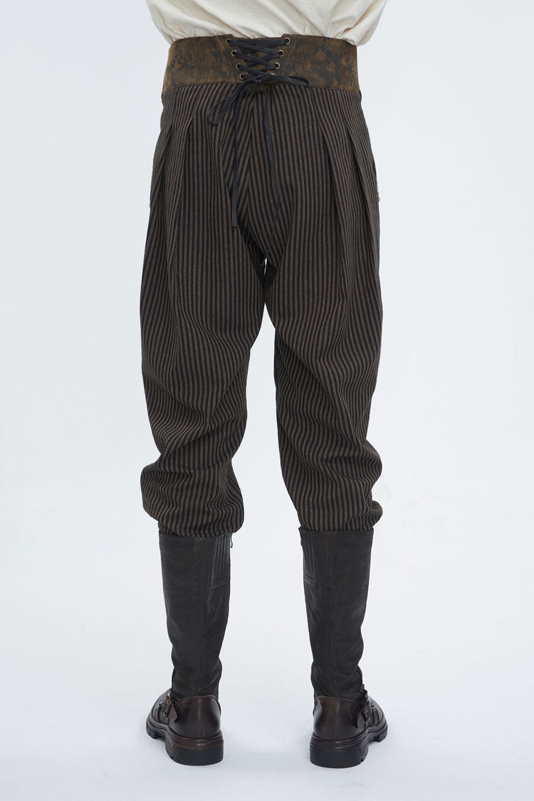 Brown High Waisted Striped  Lace-Up Men's Gothic Pants - Product - 4