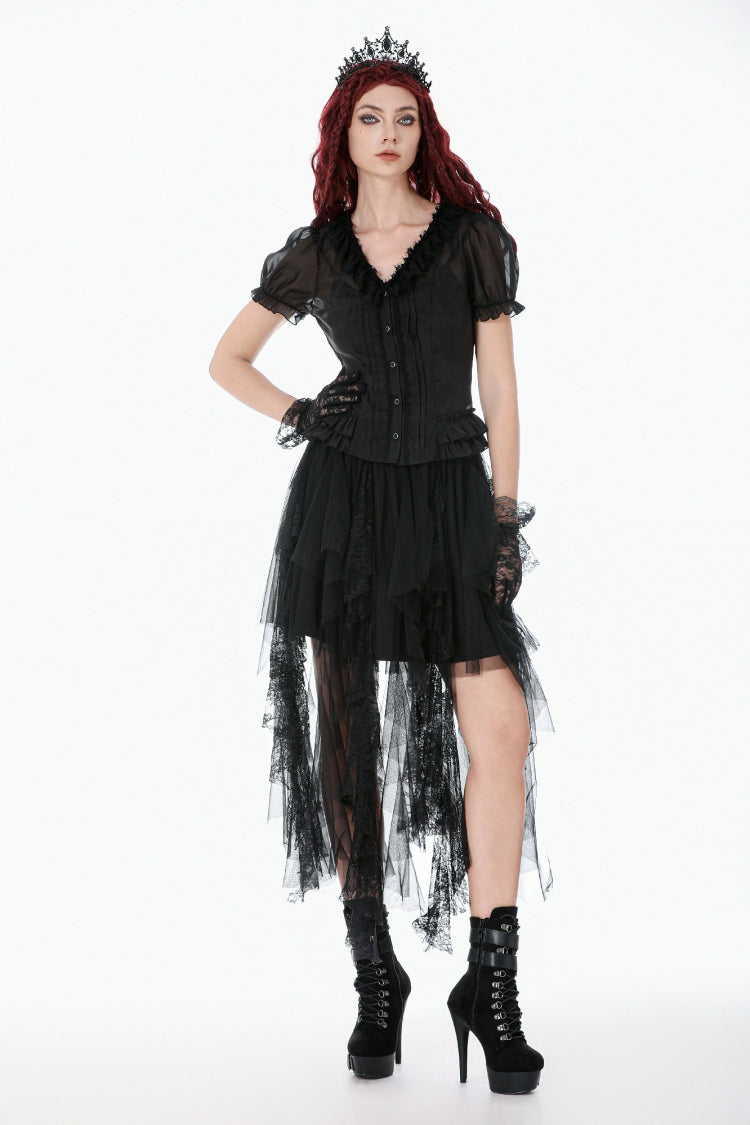 Black Deep V Collar Short Puff Sleeves Multi-Layered Ruffled Lace Sheer Women's Gothic Blouse - Product - 7