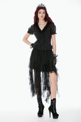 Black Deep V Collar Short Puff Sleeves Multi-Layered Ruffled Lace Sheer Women's Gothic Blouse - Product - 7