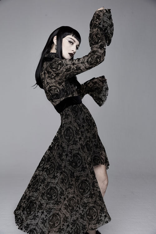 Black Floral Flocking Printed Long Sleeves Velvet With Tie Womens Gothic Dress - Product - 5