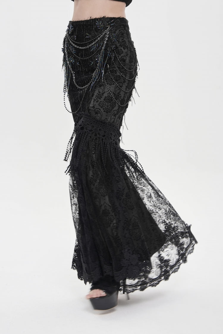 Black Double-Layered Embroidered Lace Slim Pearl-Decorated Women's Gothic Skirt - Product - 8