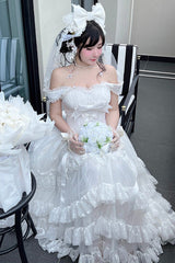 White [Maiden Lace] Off Shoulder Triple-Layered Ruffle Hanayome Bowknot Lace Sweet Lolita Jsk Dress - Product - 10