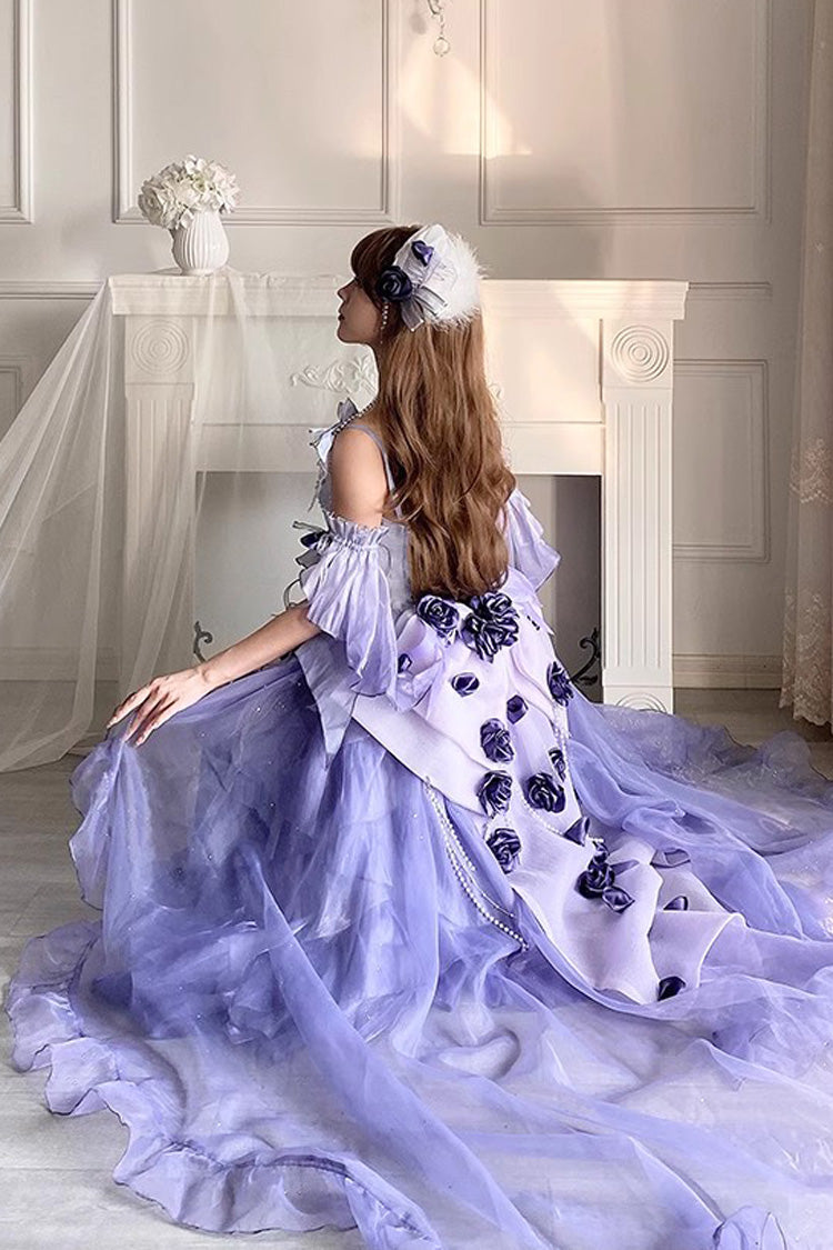 Misty Purple [Swan Wonderland] Embroidery Bowknot Lace-Up Short Front Long Back Irregular Sweet Ballet Lolita Jsk Dress - Product - 4