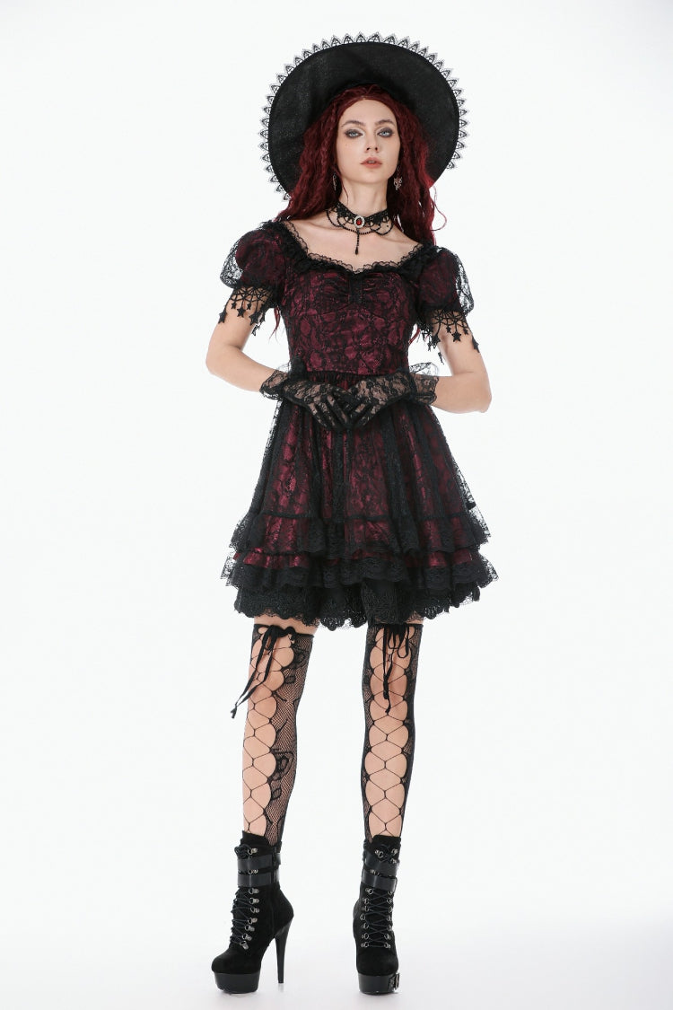 Black/Red Star Square-cut Collar Short Sleeves Lace Women's Gothic Priness Dress Graduation Dress - Product - 6