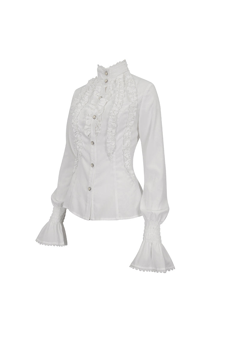 White Stand Collar Ruffled Women's Gothic Shirt - Product - 6