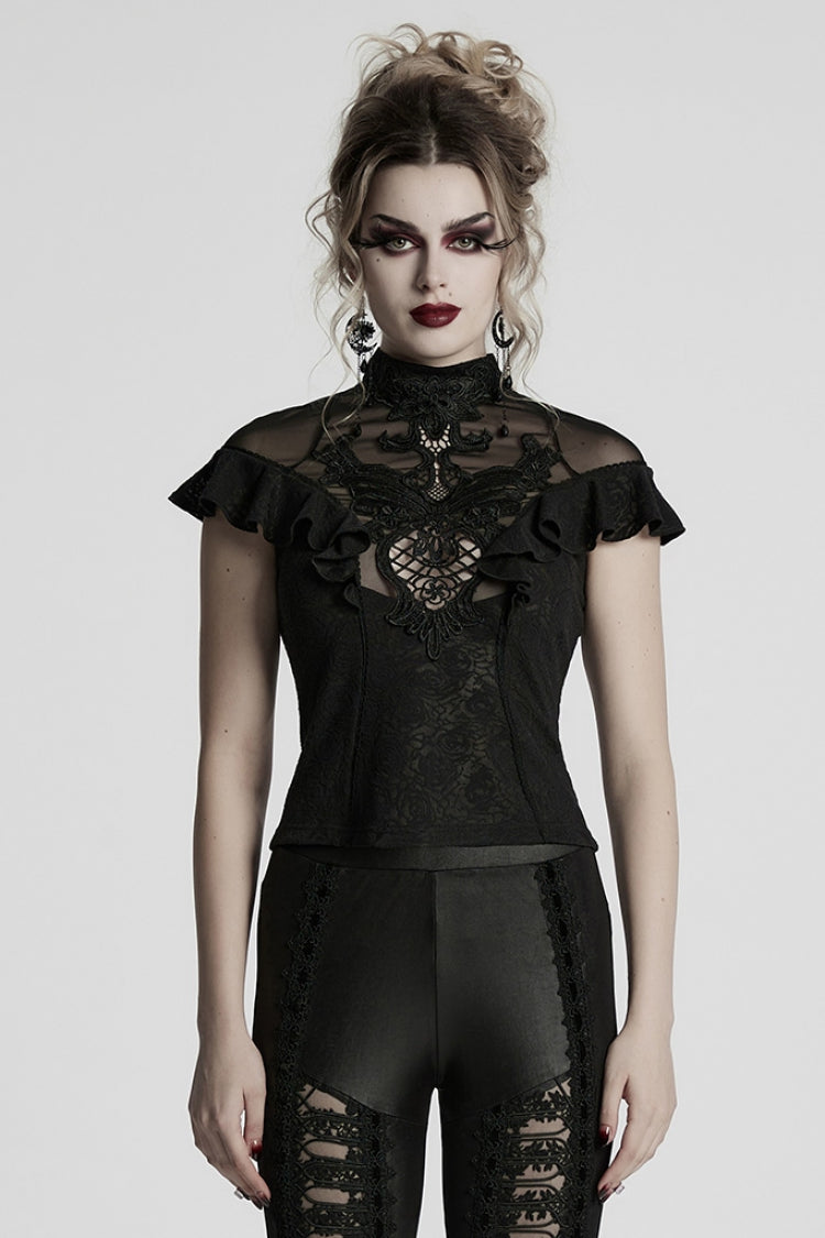 Black Stand Collar Short Sleeves Ruffle Hollow Embroidery Lace Sheer Women's Gothic Blouse - Black - 1