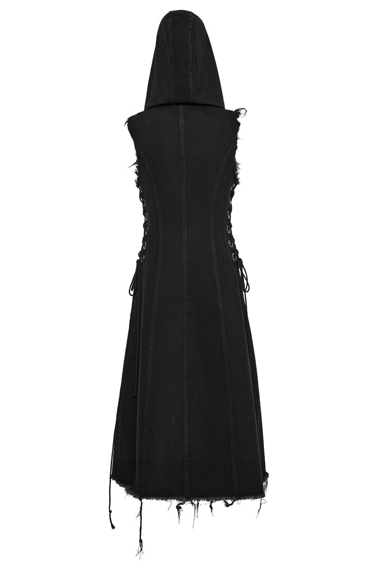 Black Side Drawstring Sleeveless Pin Decoration Hooded Womens Steampunk Long Vest - Product - 8