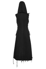 Black Side Drawstring Sleeveless Pin Decoration Hooded Womens Steampunk Long Vest - Product - 8