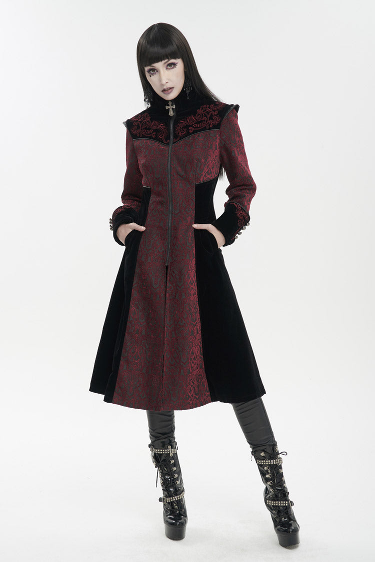 Red Jacquard Studded Mushroom Buckle Metal Cross Embroidered Women's Gothic Coat - Product - 4