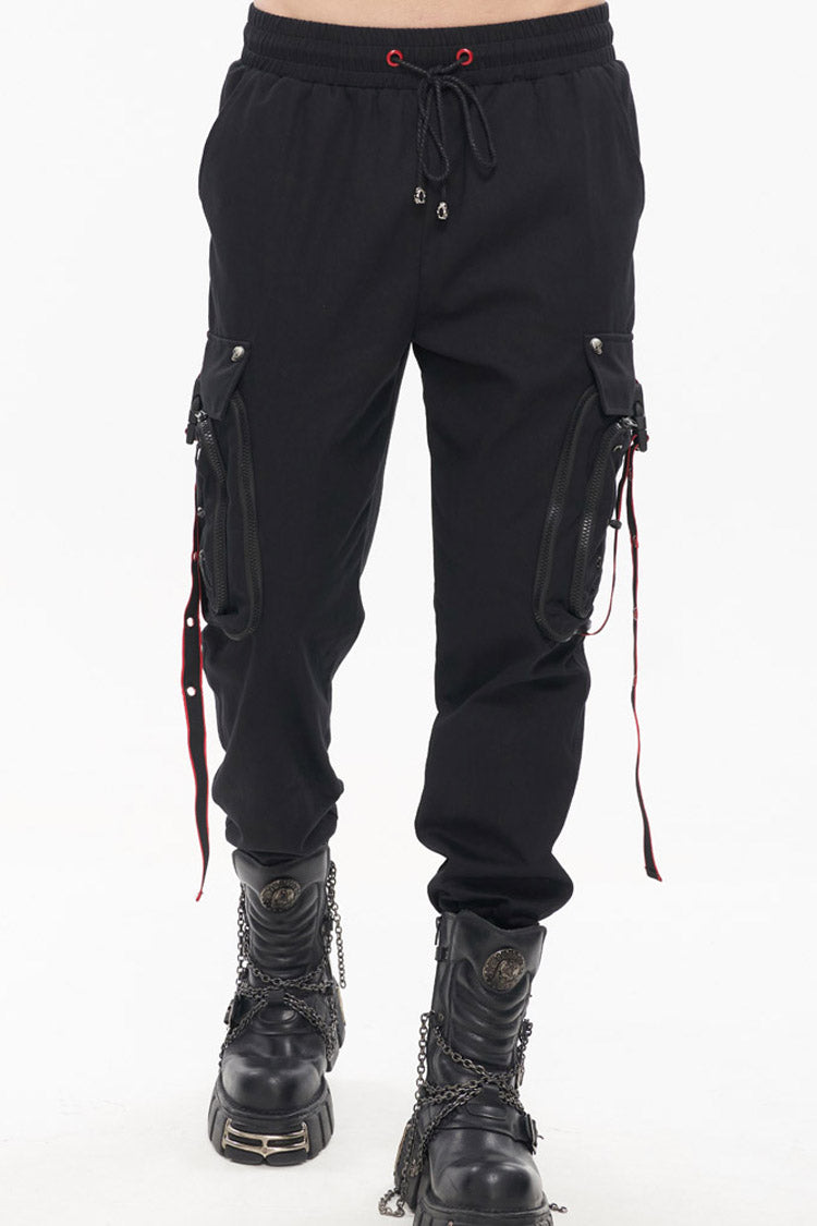 Black Punk Multi Pocket Webbing Decorative Drawstring Men's Long Pants - Product - 9