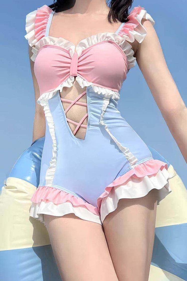 Blue/Pink Square Collar Sleeveless Ruffled Cut-Out Lace-Up Sweet Lolita One-Piece Swimsuit - Product - 4