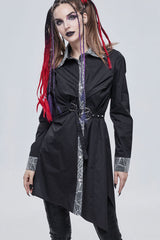 Black Gothic Patchwork Lace Spider Web Design Asymmetric Pleats Metal D-Shaped Buckle Decoration Long Women's Shirt - Product - 2