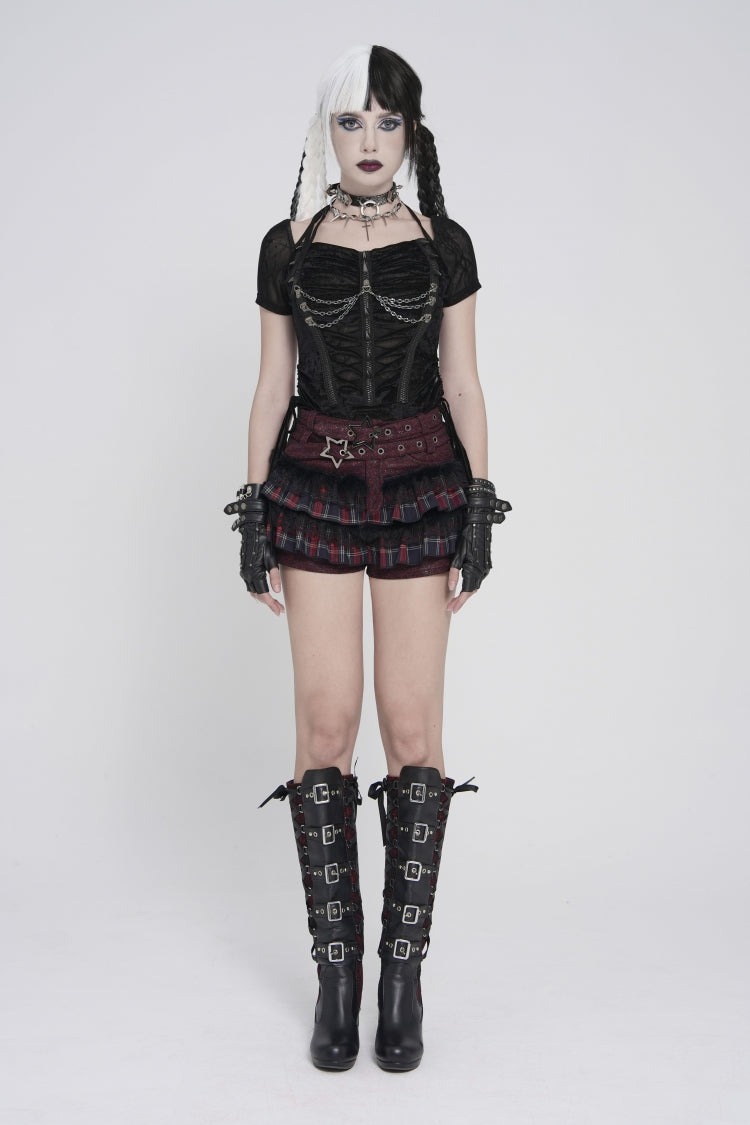 Black Short Sleeves Slim Studded Pleated Chain-Decorated Women's Punk Cool Blouse - Product - 2