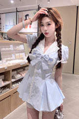 Aqua V Collar Short Puff Sleeves Stripe Print Ruffle Bowknot Sweet Jirai Kei Dress - Aqua - 1