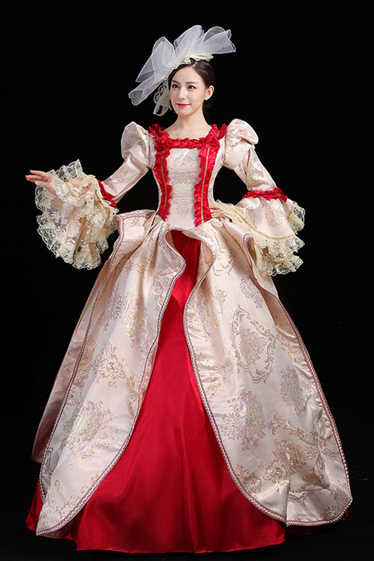 Wine/Golden Stitching Court Style High Waisted Trumpet Sleeves Embroidery Floral Print Victorian Lolita Prom Dress - Product - 3