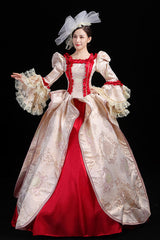 Wine/Golden Stitching Court Style High Waisted Trumpet Sleeves Embroidery Floral Print Victorian Lolita Prom Dress - Product - 3