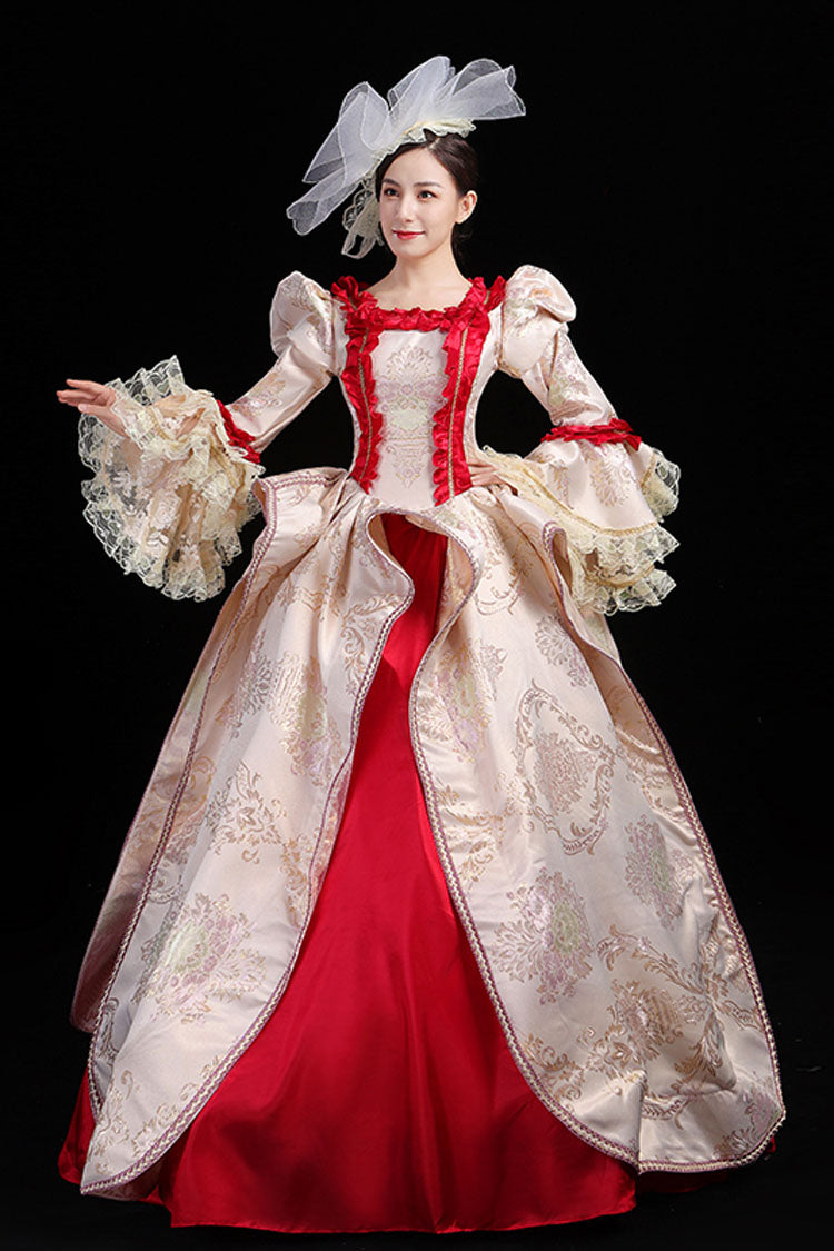 Wine/Golden Stitching Court Style High Waisted Trumpet Sleeves Embroidery Floral Print Victorian Lolita Prom Dress - Product - 3