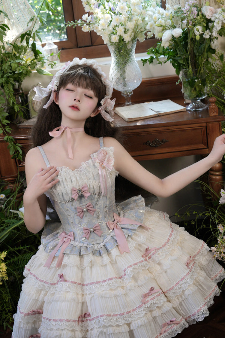 Blue/Apricot [Sea Salt Souffle] Sleeveless Multi-Layered Bowknot Lace Sweet Ballet Lolita Jsk Dress - Product - 4