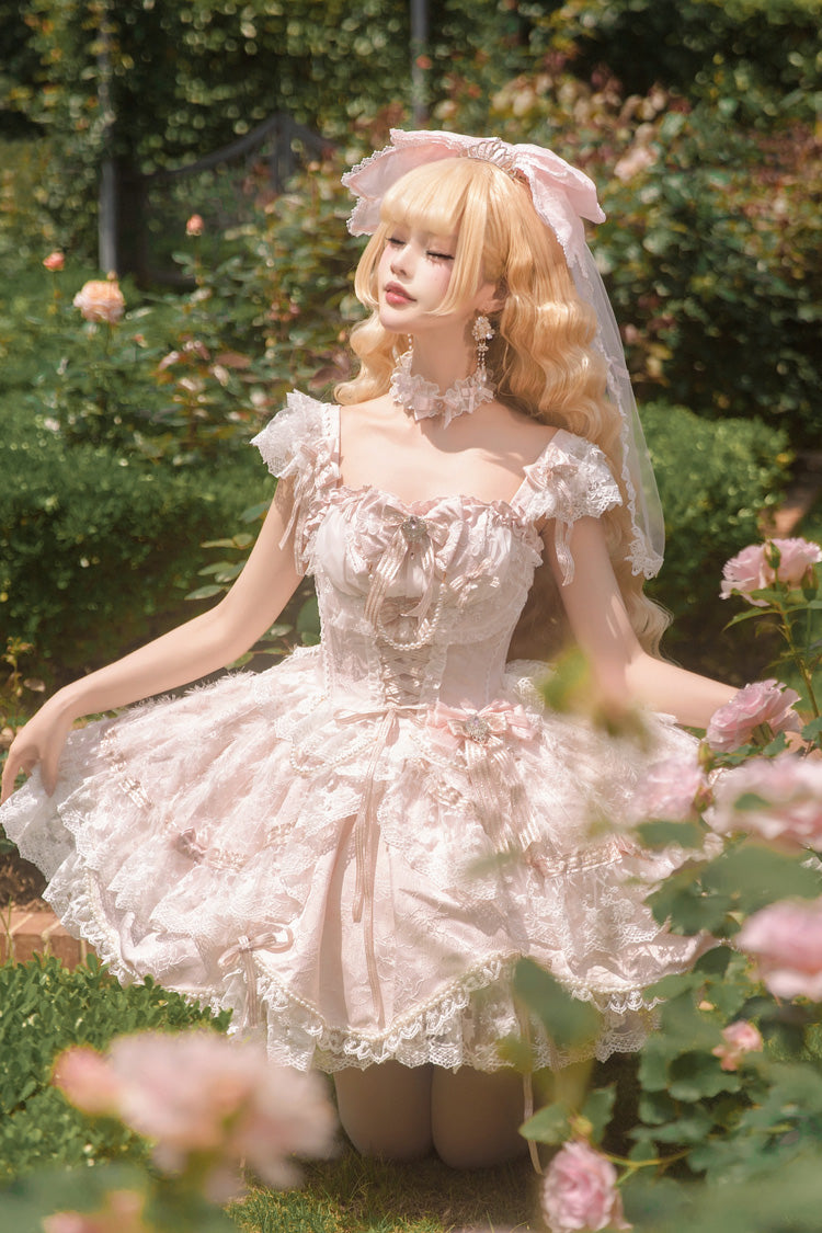 Pink [Anna’s Ball] Square Collar Ruffled Hanayome Bow Lace Sweet Princess Ballet Lolita Jsk Dress - Product - 5