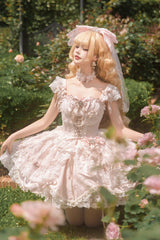 Pink [Anna’s Ball] Square Collar Ruffled Hanayome Bow Lace Sweet Princess Ballet Lolita Jsk Dress - Product - 5