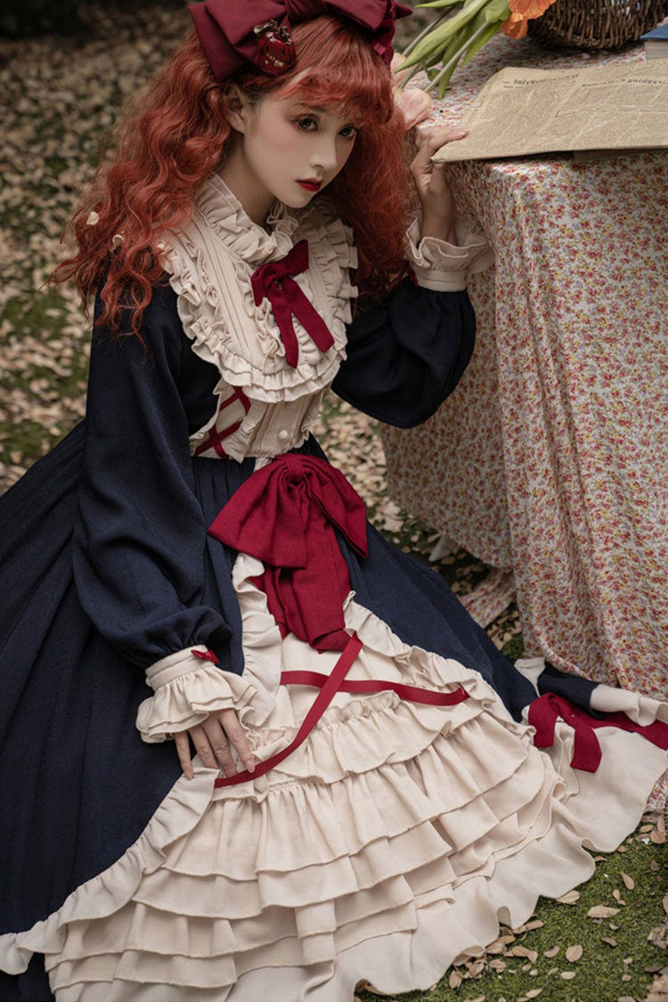 Blue Round Collar Bowknot Long Sleeves Multi-Layer Ruffled Sweet Lolita OP Dress - Product - 2