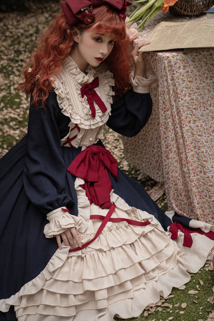Blue Round Collar Bowknot Long Sleeves Multi-Layer Ruffled Sweet Lolita OP Dress - Product - 2