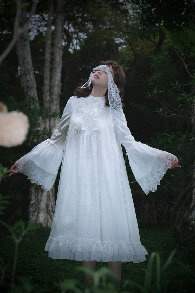 White [Requiem] Stand Collar Long Sleeves Ruffle Lace Gothic Lolita Dress - Product - 10