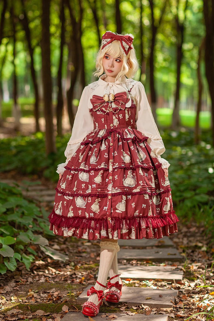 Miss Rabbit Dance Print Multi-layer Ruffle Sweet Elegant Lolita Jsk Dress 4 Colors - Product - 9