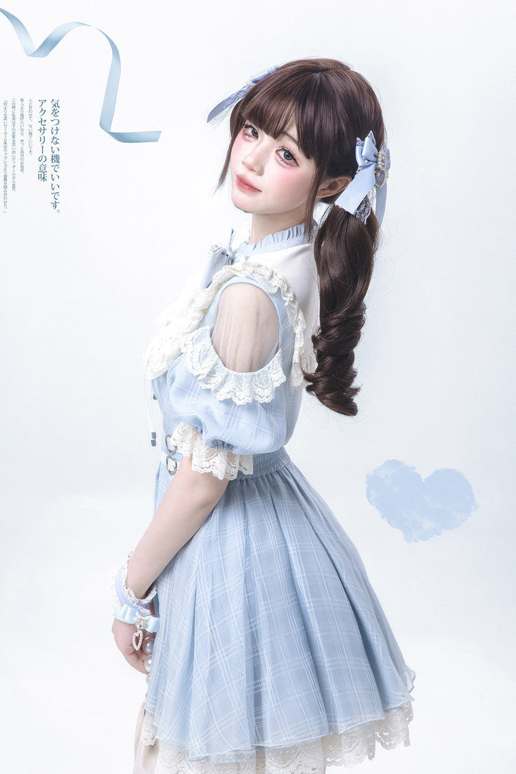 Blue/Aqua Short Sleeves Plaid Printed Ruffled Lace Sweet Jirai Kei Japanese Lolita Dress - Product - 4