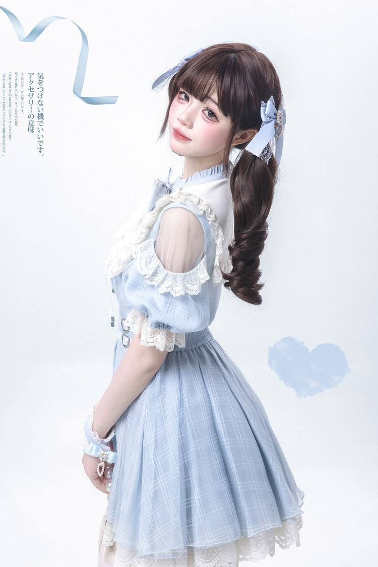 Blue/Aqua Short Sleeves Plaid Printed Ruffled Lace Sweet Jirai Kei Japanese Lolita Dress - Product - 4