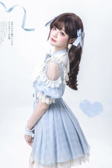 Blue/Aqua Short Sleeves Plaid Printed Ruffled Lace Sweet Jirai Kei Japanese Lolita Dress - Product - 4