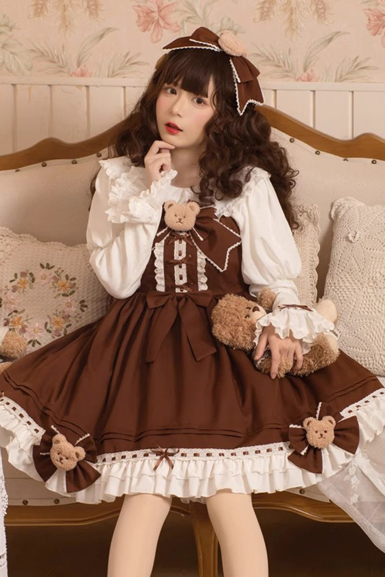 Brown [Mousse Bear] Sleeveless Ruffle Bowknot Sweet Vintage Princess Lolita Jsk Dress - Product - 5