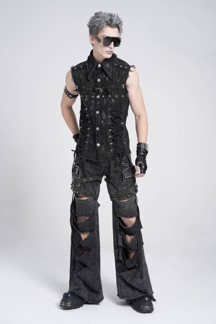 Black Ripped Chain-Decorated Men's Punk Cool Cosplay Pants with Big-pocket - Black - 1