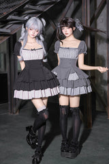 Classic Square Collar Halterneck Short Sleeves Triple-Layered Printed Ruffled Bow Cool Lolita Dress Set 2 Colors(Black, Grey) - Product - 8