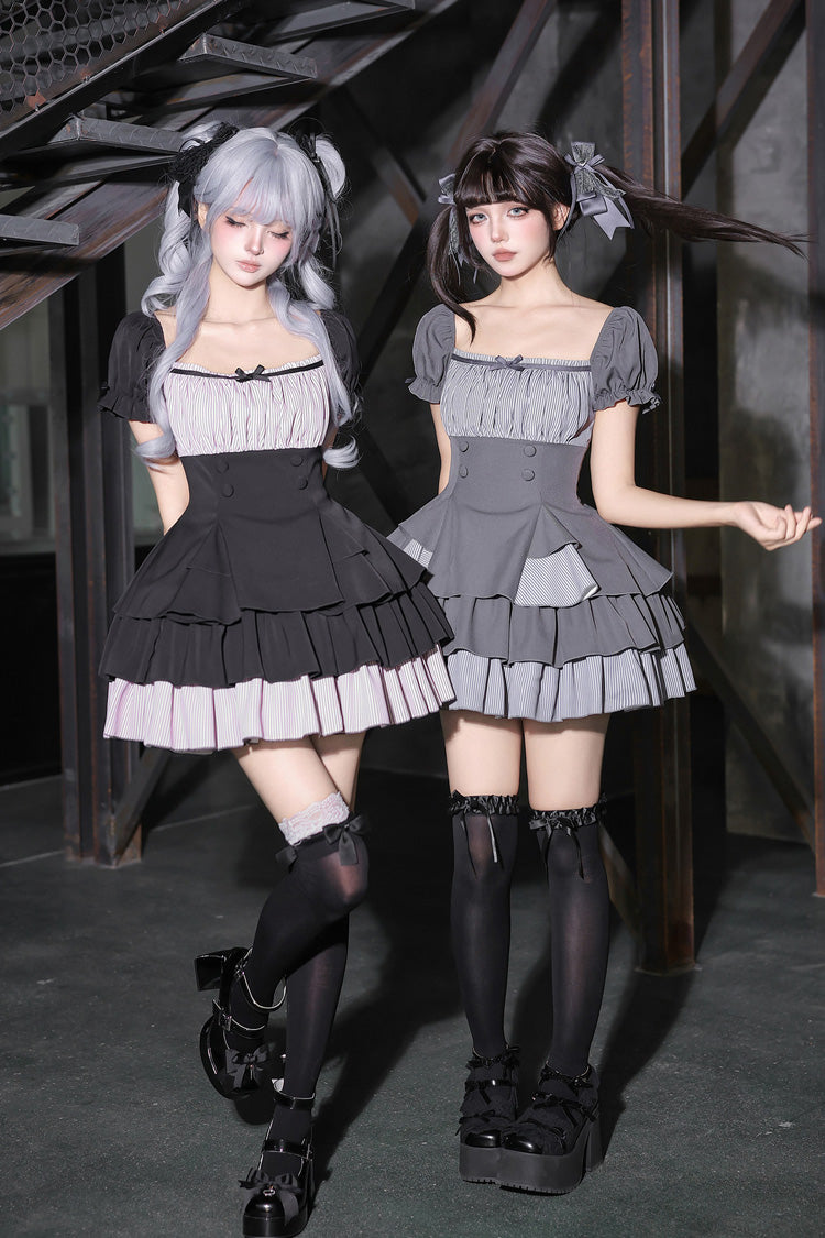 Classic Square Collar Halterneck Short Sleeves Triple-Layered Printed Ruffled Bow Cool Lolita Dress Set 2 Colors(Black, Grey) - Product - 8