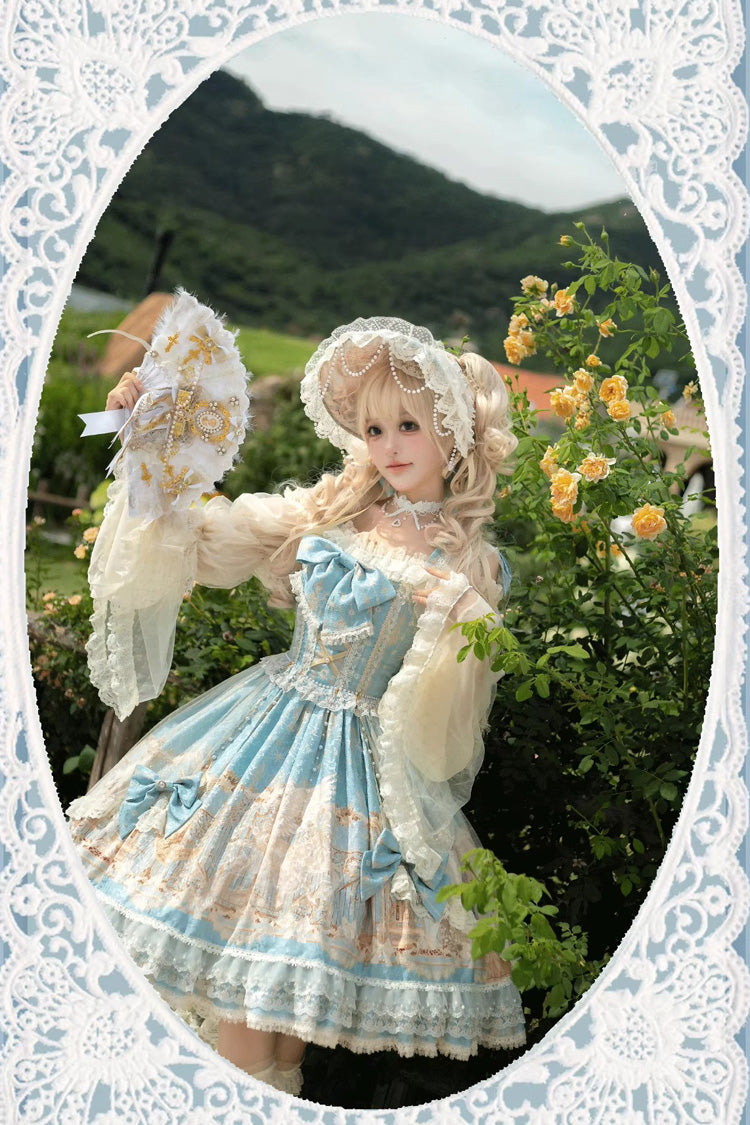 Blue Unicorn Print Sleeveless Multi-Layered Embroidery Bowknot Lace Sweet (Dress Only) detail view 15