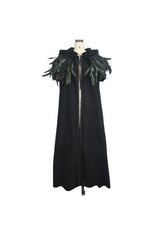 Black Detachable Feather 3D Ribbons Decorated Woollen Hooded Women's Gothic Cape - Product - 3