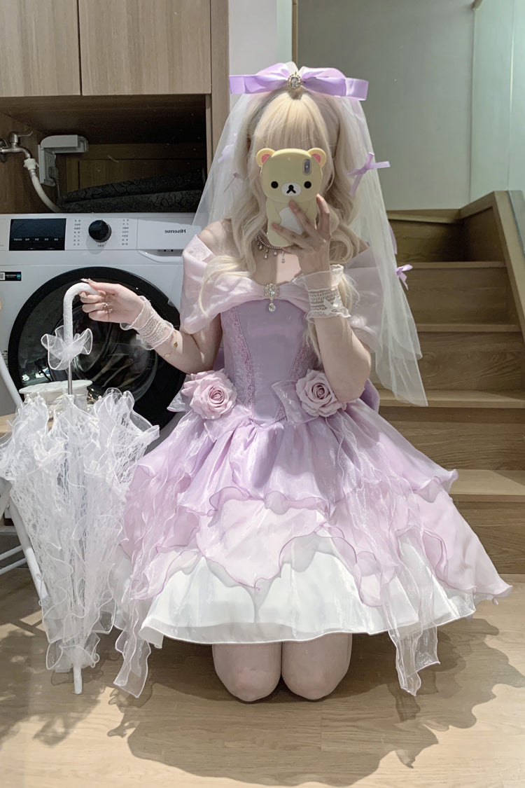 [Heartbeat] Off Shoulder Multi-Layered Ruffle Bowknot Lace Princess Gorgeous Dream Sweet Lolita Dress 2 Colors - Product - 7