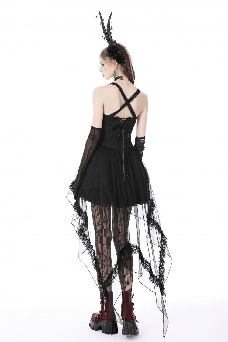 Black Sleeveless Lace-Up Layered Swallowtail Lace Women's Gothic Wedding Dress - Product - 4