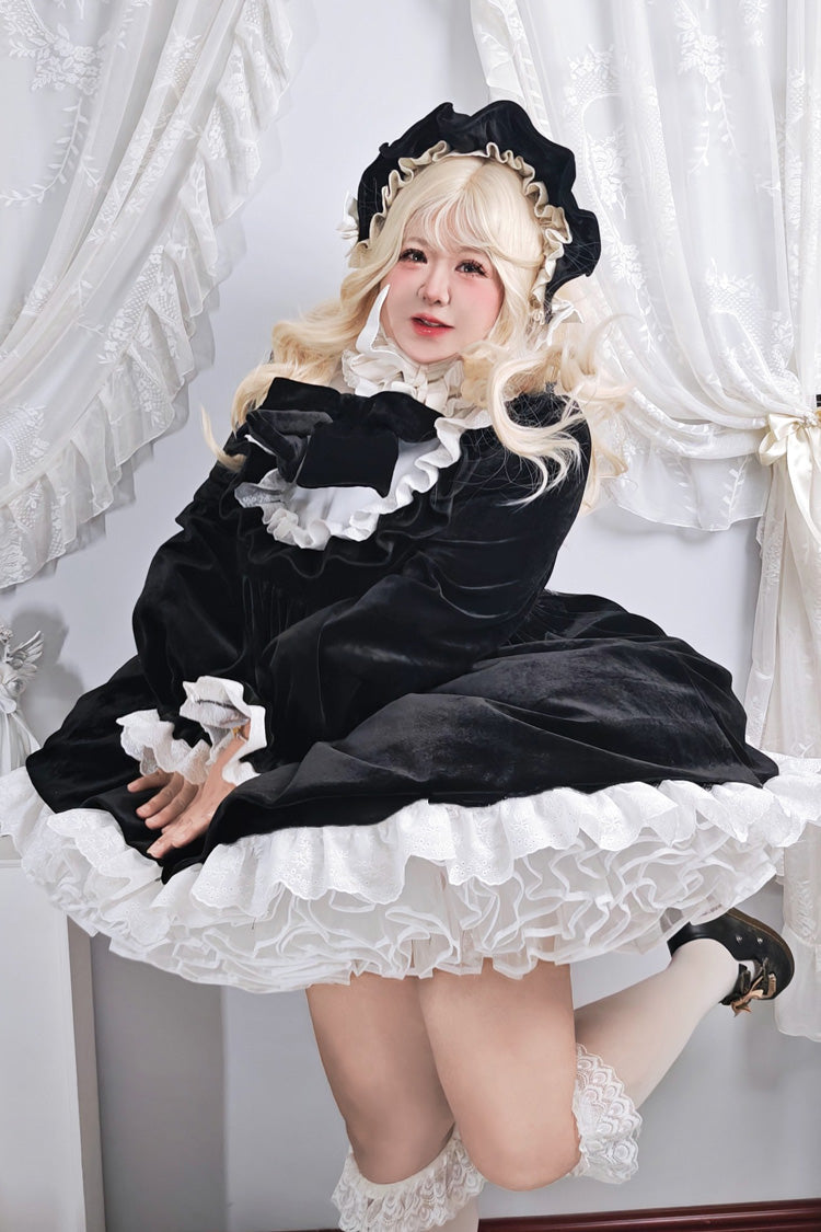 Black [Antique Velvet Doll] Stand Collar Long Sleeves Ruffled Bow Gothic Plus Size Lolita Dress - Product - 3