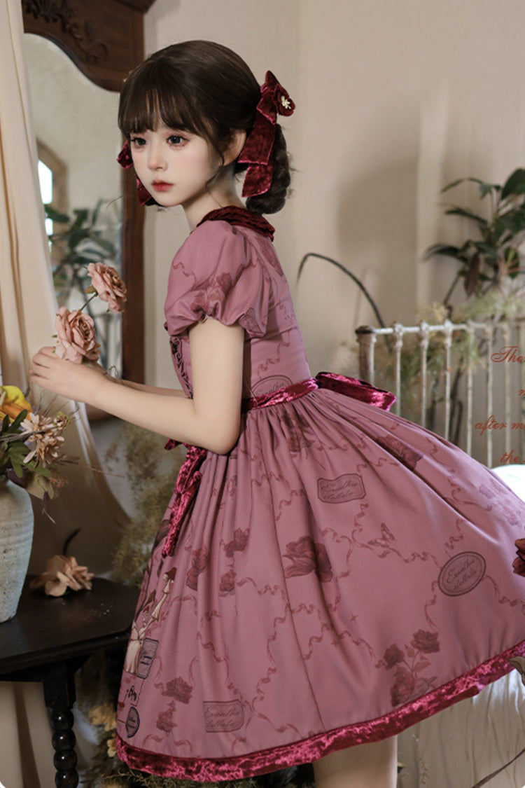 Red Short Sleeves Rabbit Sunflower Print Ruffle Embroidery Bowknot Sweet (Set) detail view 3